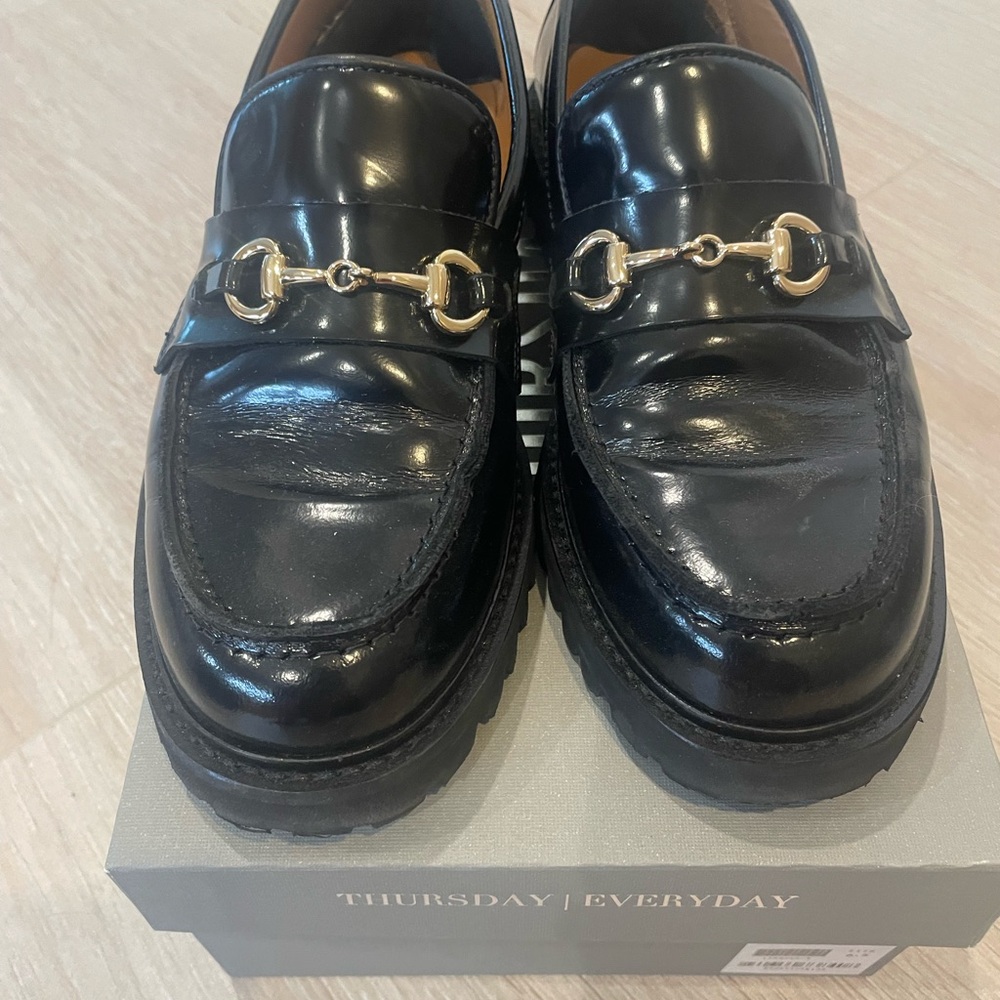 Thursday Boot Company Black and Gold Penny Loafers